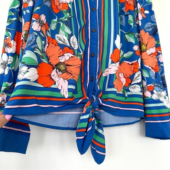 Maeve button  down shirt with v-neck, long sleeves & tie at waist, floral print - Picture 6 of 13